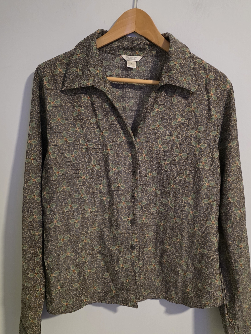 Christopher & Banks Christmas Holly Button Front Blouse Women’s M Holiday